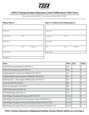 OSHA Training Institute Publications Order Form
