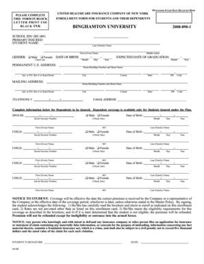 Binghamton University Student Insurance Enrollment Form