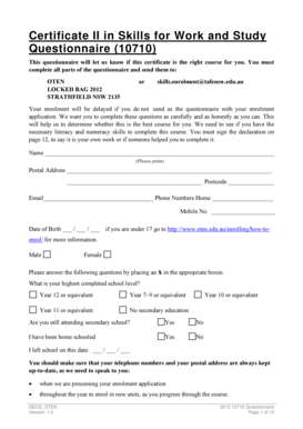 Certificate II in Skills for Work and Study Questionnaire