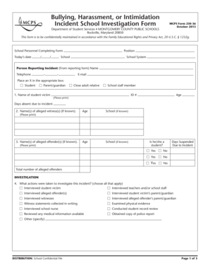 Bullying Harassment Intimidation Incident School Investigation Form