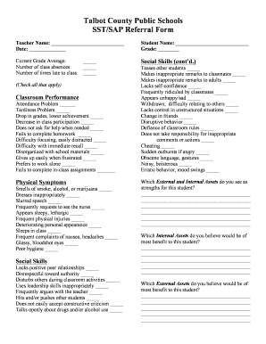 Attendance sheet with names - Talbot County Public Schools SST/SAP Referral Form