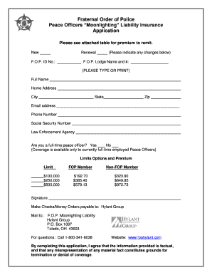 Fraternal Order of Police Moonlighting Liability Insurance Application