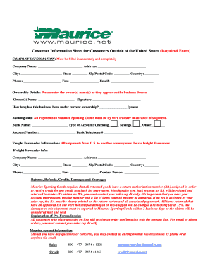 Customer Information Sheet for International Orders