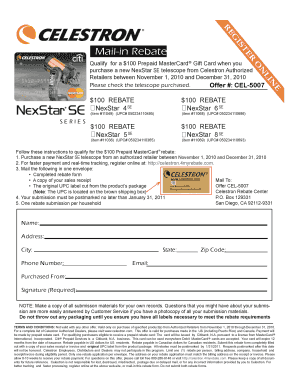 Celestron NexStar SE Telescope Mail-in Rebate Form