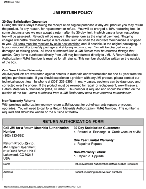 JMI Return Policy and Authorization Form