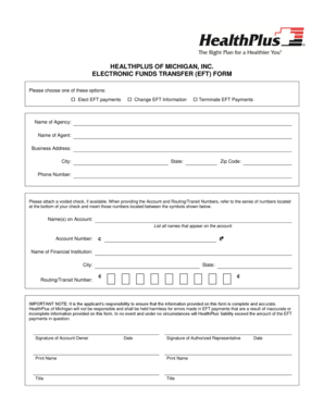 HealthPlus of Michigan EFT Form
