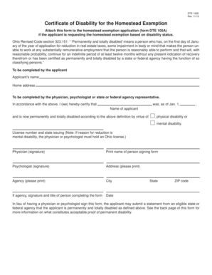 Ohio Certificate of Disability for Homestead Exemption
