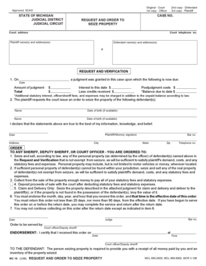 Michigan Request and Order to Seize Property