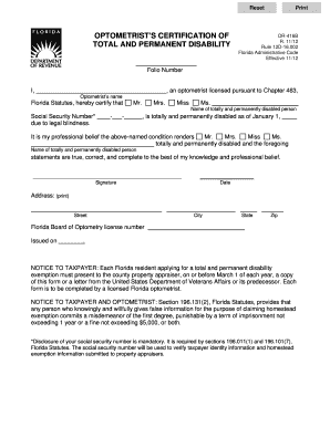 Optometrist’s Certification of DR-416B Total and Permanent Disability
