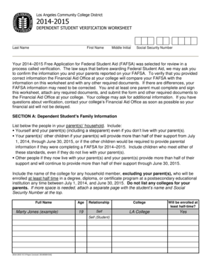 2014-2015 Dependent Student Verification Worksheet