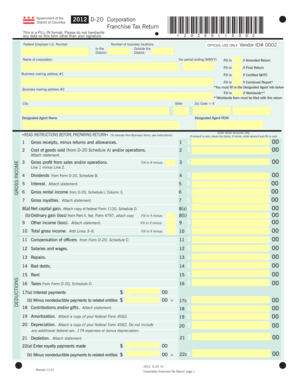 District of Columbia 2012 D-20 Corporation Franchise Tax Return