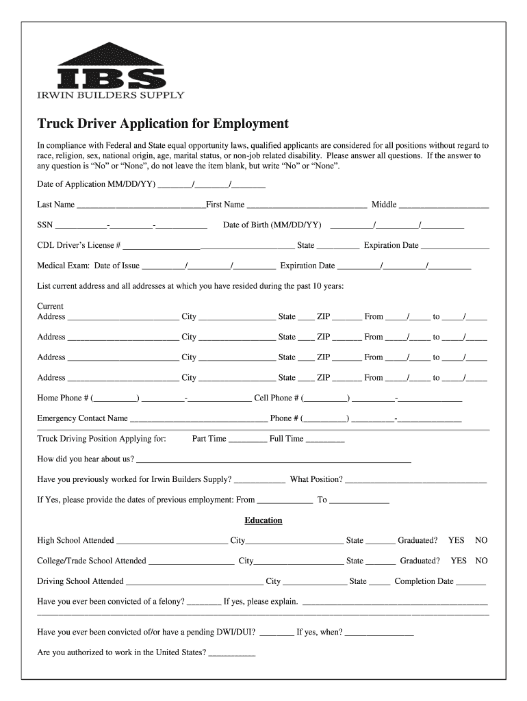 Truck Driver Application Fill Online Printable Fillable Blank 
