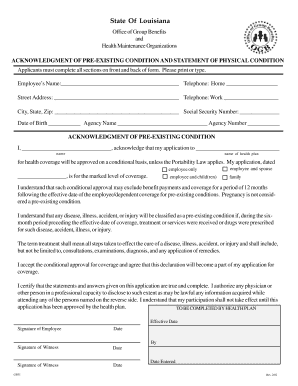 Louisiana Pre-Existing Condition Acknowledgment Form