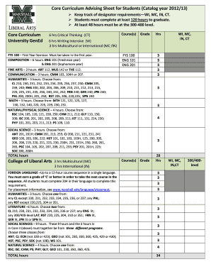 Core Curriculum Advising Sheet for Students