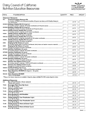Dairy Council of California Nutrition Education Resources Order Form