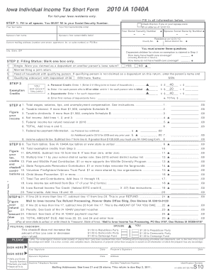 Iowa Individual Income Tax Short Form 2010 IA 1040A