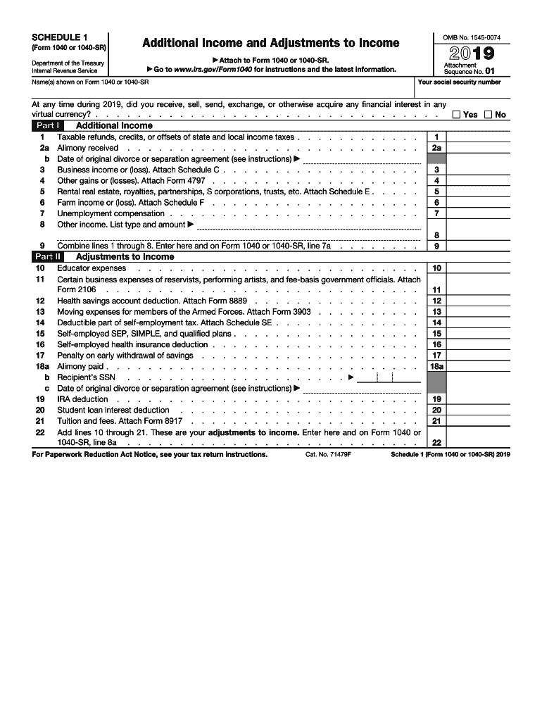 2019 Form IRS 1040 - Schedule 1 Fill Online, Printable, Fillable, Blank