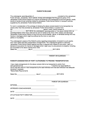 Fillable Online Parent Transportation Release Form 2017-2018 ...