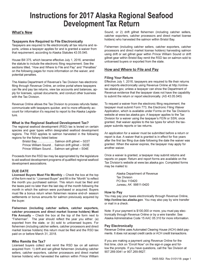 Instructions for 2017 Alaska Regional Seafood Development Tax Return Preview on Page 1.