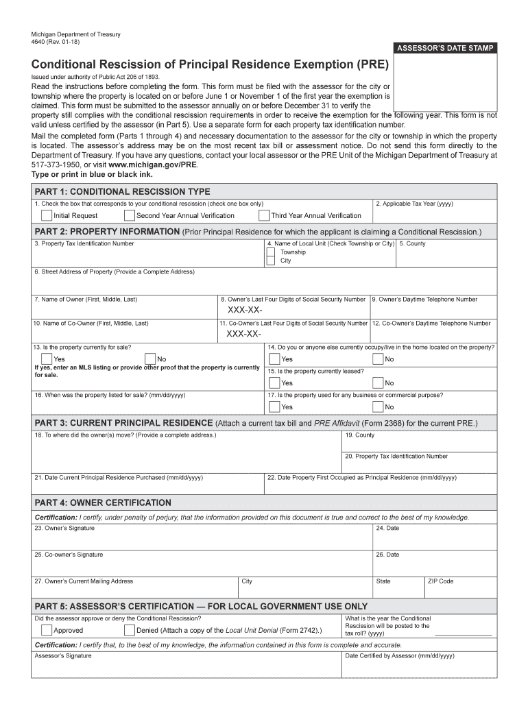 michigan department of treasury 4640 rev 12 10 2018-2019 form Preview on Page 1.