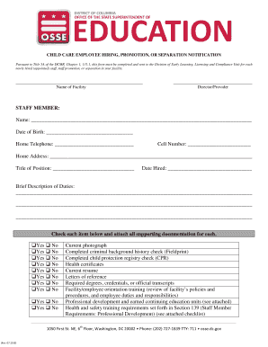 Child care employee hiring, promotion, or separation notification