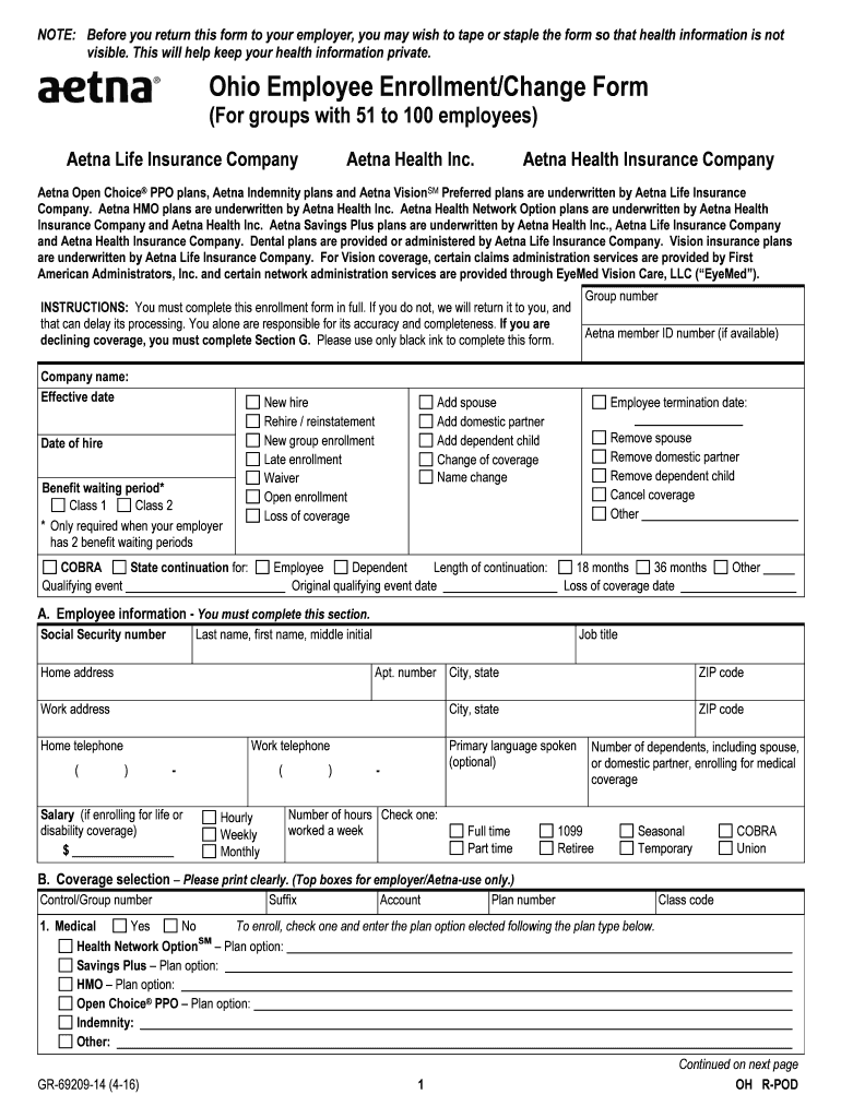 Ohio Employee Enrollment Change Form (For groups with - Aetna Preview on Page 1