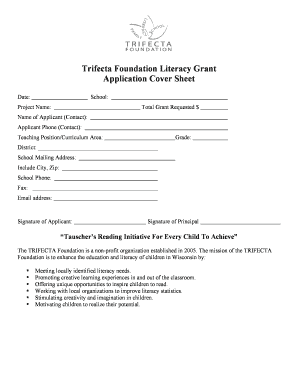 Trifecta Foundation Literacy Grant Application Cover Sheet