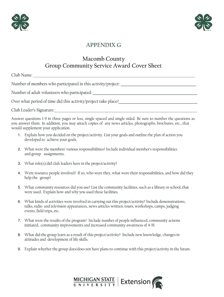 Fillable Online APPENDIX G County Group Community Service Award