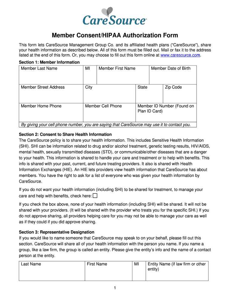 Fillable Online CareSource Member Consent/HIPAA Authorization Form