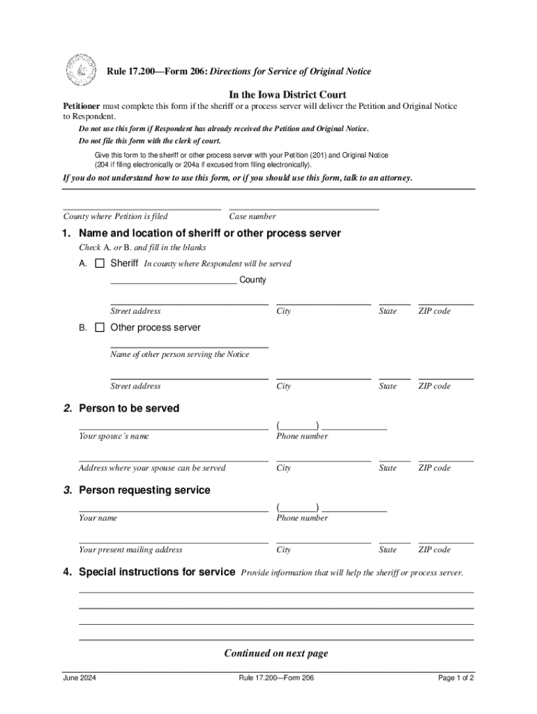 Rule 17 200 Form 206: Directions for Service of Original Notice Preview on Page 1