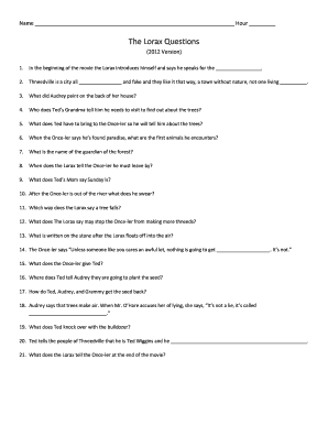 The Lorax Questions 2012 Version Answers - Fill Online, Printable,  Fillable, Blank | pdfFiller