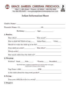 Fillable Online Infant Information Sheet - Grace Garden Christian ...