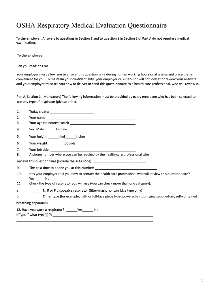 OSHA Respiratory Medical Evaluation Questionnaire Preview on Page 1