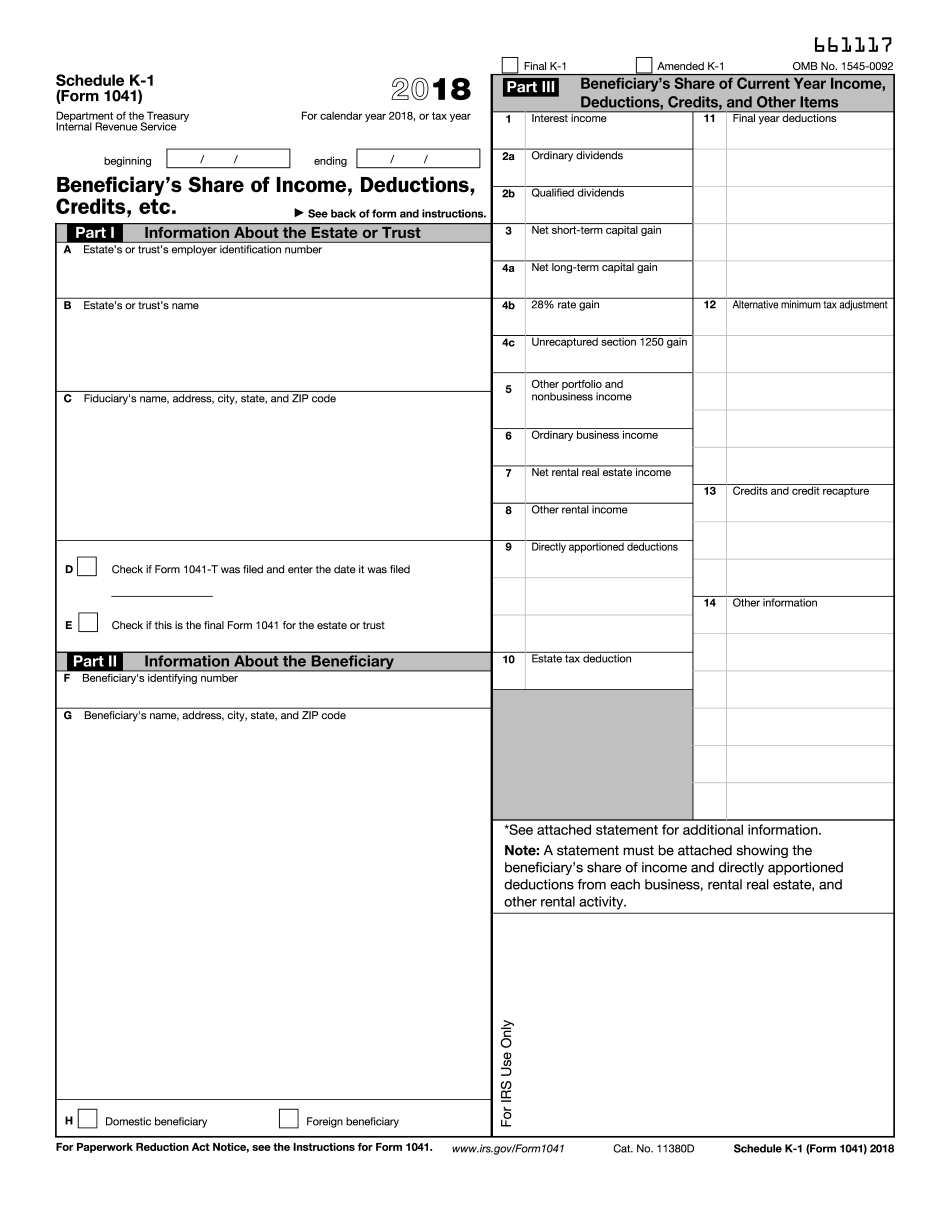 Form 1041 schedule k 1 2018 2019 blank sample to fill out online in pdf