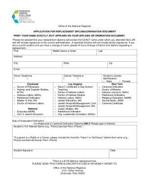 APPLICATION FOR REPLACEMENT DIPLOMA/ORDINATION