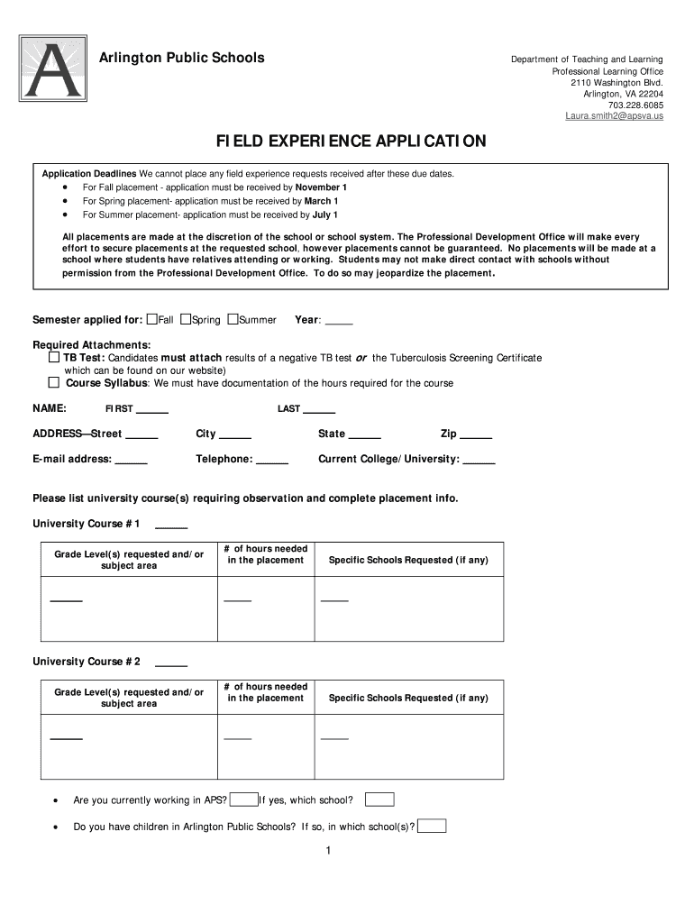 Fillable Online APS Field Experience Application (2) apsva.us Fax Email Print pdfFiller