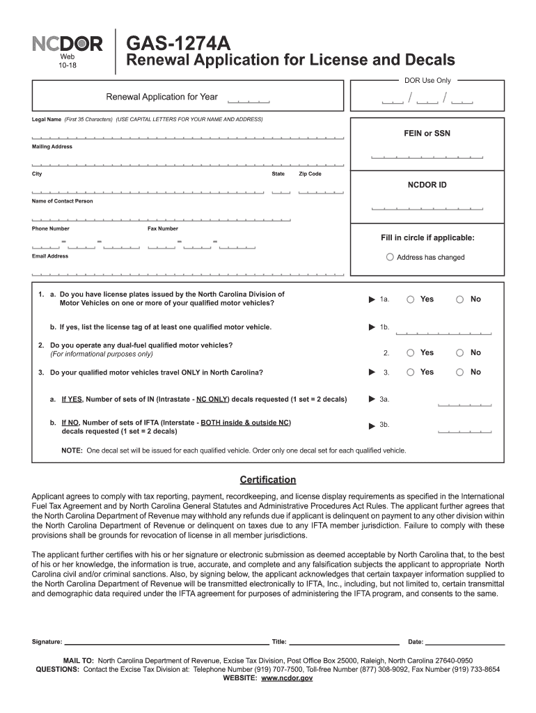 2018 2020 Form NC GAS 1274A Fill Online Printable Fillable Blank 