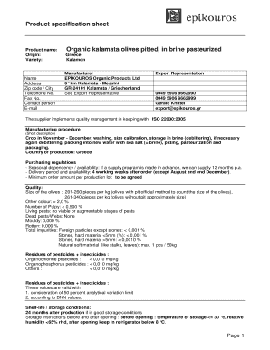 Fillable Online Product Specification Sheet Product Name Organic Norganic Fax Email Print Pdffiller