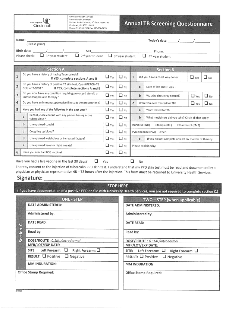 2017 2023 Form University Of Cincinnati Annual TB Screening