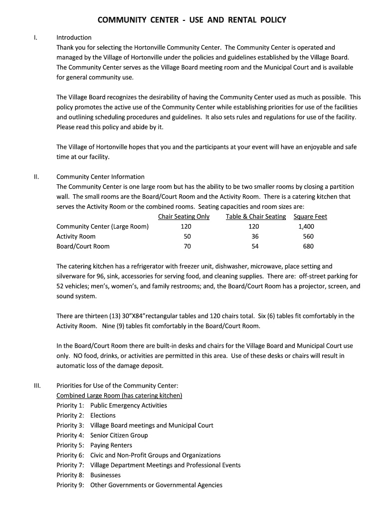 Fillable Online community center use and rental policy Village of