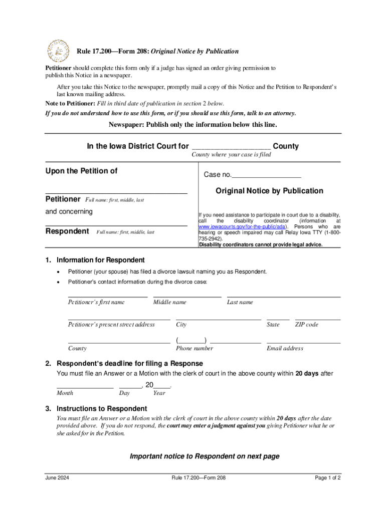 Rule 17 200 Form 208: Original Notice by Publication Preview on Page 1