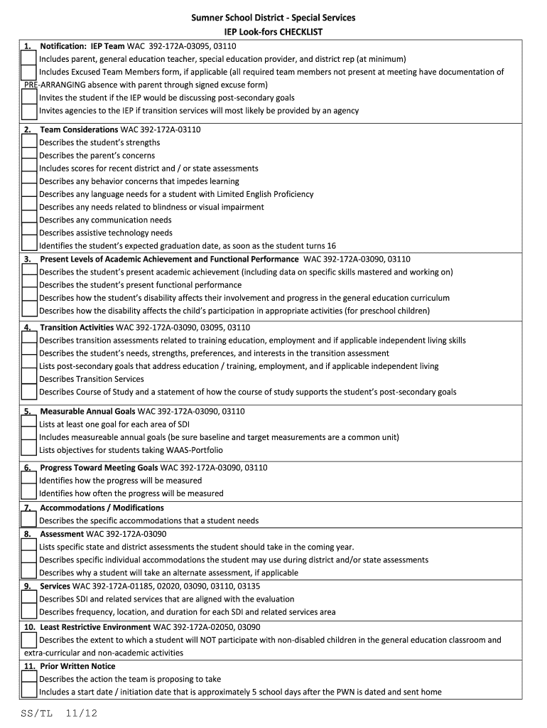 Fillable Online Sumner School District Special Services IEP Lookfors