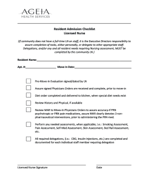 Resident Admission Checklist Licensed Nurse - Ageia