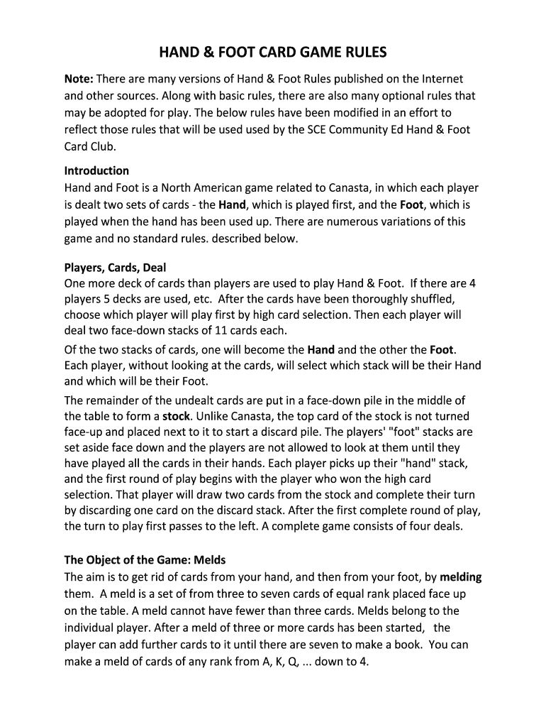 Rules For Hand And Foot Card Game Pdf Fill Online Printable 
