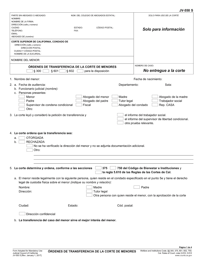 JV-550 S Juvenile Court Transfer Orders (Spanish) Judicial Council forms Preview on Page 1