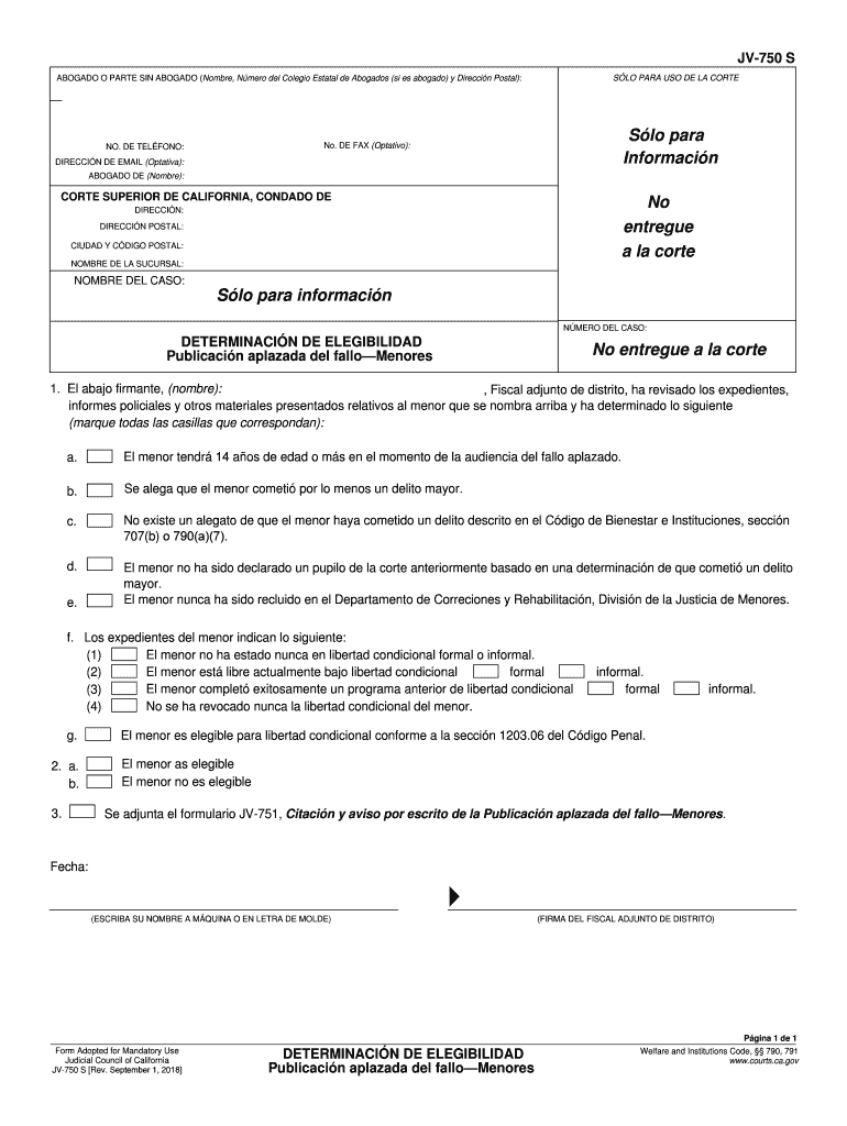 JV-750 S DETERMINATION OF ELIGIBILITY Deferred Entry of JudgmentJuvenile (Spanish) Judicial Council  Preview on Page 1