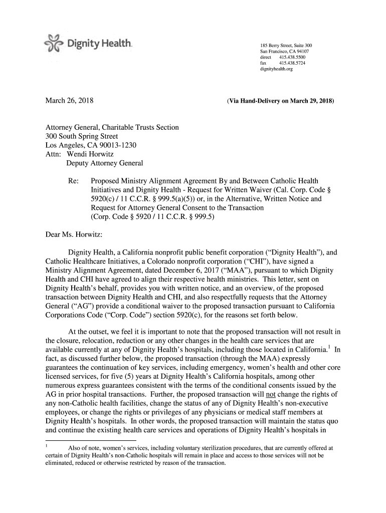 Cover Letter - Dignity Health Application for AG Consent Preview on Page 1