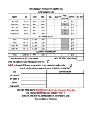 HPRA REUNION CLOTHING DESCRIPTION and ORDER FORM