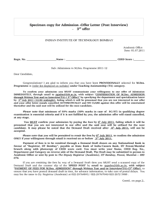 Specimen copy for Admission Offer Letter (Post Interview) - IIT Bombay
