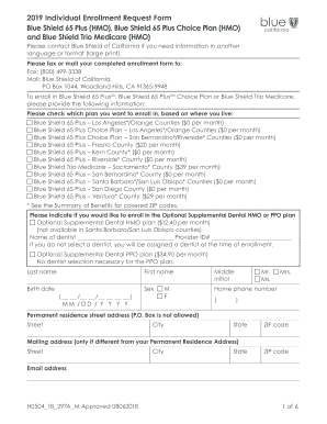 Fillable Online 2019 Individual Enrollment Request Form Blue Shield 65 ...